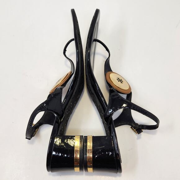 Tory Burch Black Patent Leather T Strap Thong Heel Sandal Women Size 10.5 M Shoe - Picture 9 of 10